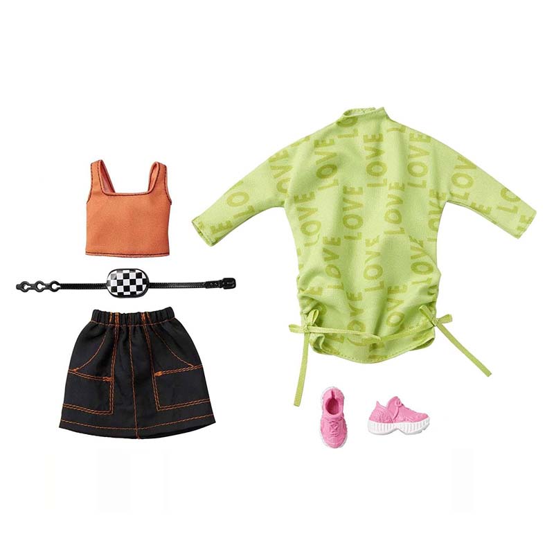 Billede af Barbie 2 sæt dukketøj, grøn kjole og orange top