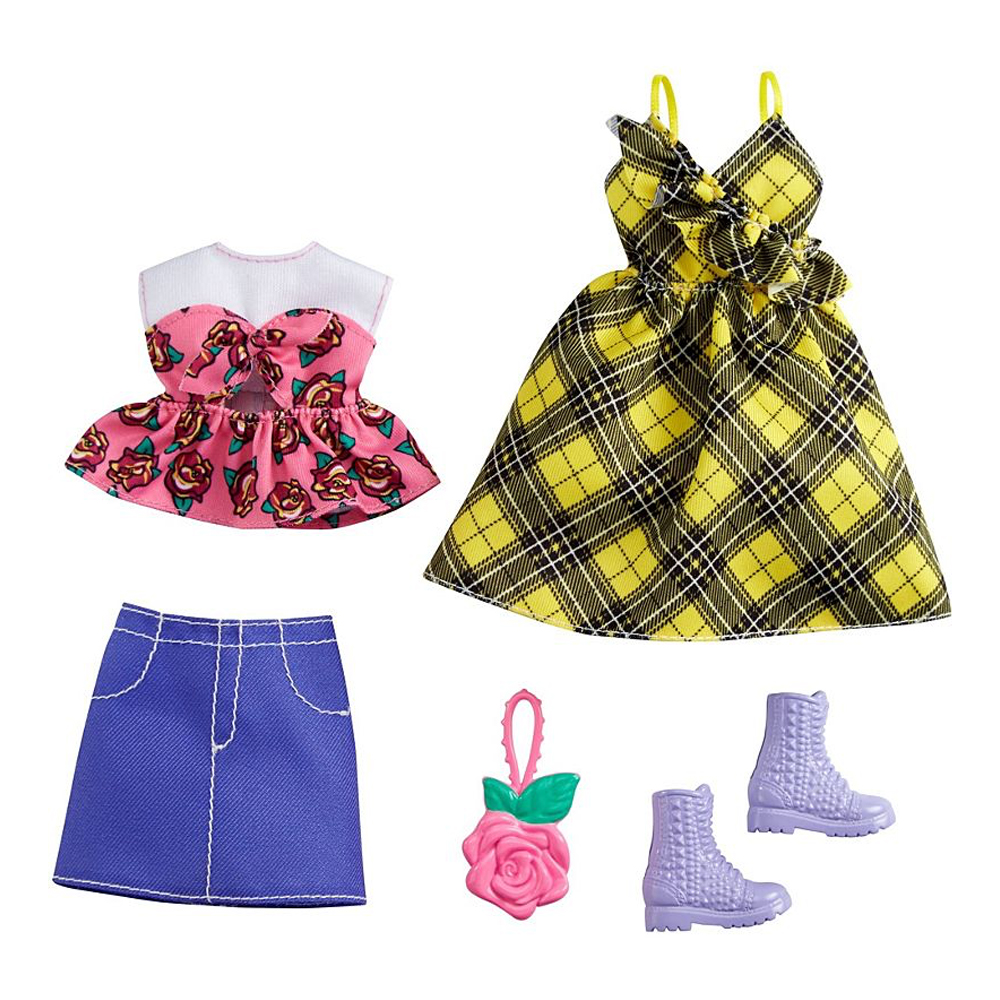 Billede af Barbie 2 sæt dukketøj, gul ternet kjole og top m.roser