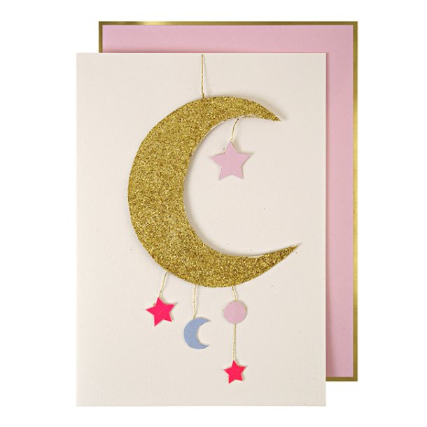 Meri Meri kort med måne-uro, rosa