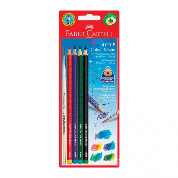 Faber-Castell Grip Colour Magic farveblyanter, 4 stk + pensel
