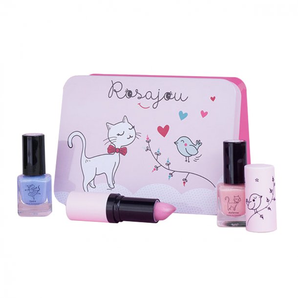Rosajou metalæske med make-up til børn, kat - blå og rosa